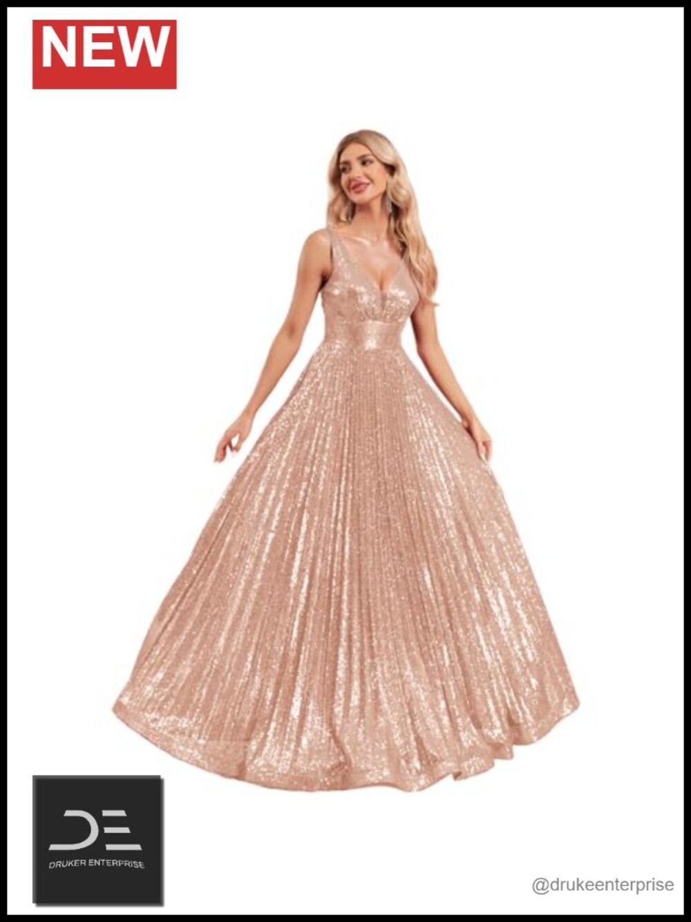 V-Neck Sleeveless Sequin Maxi A-Line Formal Evening Gown Prom Dress